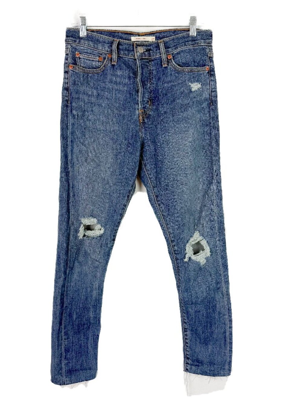 Levi's Wedgie Skinny Jeans Distressed Medium Wash Raw Hem Button Fly Size 29 EUC